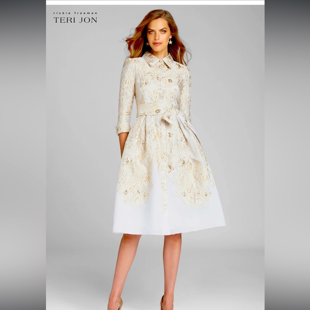 Rickie Freeman for Teri John Metallic Jacquard Belted Shirtdress NWT